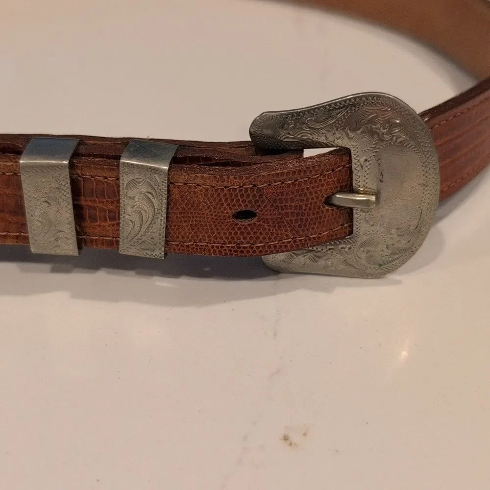 Justin Genuine Lizard Brown Belt With Hand Engraved Silver Buckle & Tip Size 28